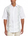 Cubavera Men's Short Sleeve Linen Rayon Yarndyed Stripe Print and Embroidered Panel Shirt