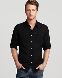 Pop some designer flair into your wardrobe with this natty shirt from John Varvatos, featuring a pair of zip chest pockets for a little modern edge. Pop some designer flair into your wardrobe with this natty shirt from John Varvatos, featuring a pair of zip chest pockets for a little modern edge.