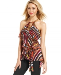 Flaunt your love of pretty things with this halter top from XOXO! Featuring a knotted chain neckline, voluminous ruffle and bold print, this top is a special addition to your summer closet. Flaunt your love of pretty things with this halter top from XOXO! Featuring a knotted chain neckline, voluminous ruffle and bold print, this top is a special addition to your summer closet.