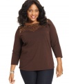 Let your casual style shine this season with Jone New York Signature's three-quarter-sleeve plus size top, finished by a sequined neckline. (Clearance)