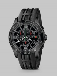 From the G-Timeless Collection. An extra large dial with signature stripe detail and date display on a sporty rubber strap.Quartz movement Water resistant to 3 ATM Round PVD case, 44mm, (1.73) Sapphire crystal Black chronograph dial Arabic numeral and index hour markers Date display at 4 o'clock Luminous hands Second hand Rubber strap Buckle clasp Made in Switzerland From the G-Timeless Collection. An extra large dial with signature stripe detail and date display on a sporty rubber strap.Quartz movement Water resistant to 3 ATM Round PVD case, 44mm, (1.73) Sapphire crystal Black chronograph dial Arabic numeral and index hour markers Date display at 4 o'clock Luminous hands Second hand Rubber strap Buckle clasp Made in Switzerland