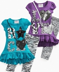 Dress her up to take her out in this dainty tunic and animal print leggings set with cute heart purse from Beautees. Dress her up to take her out in this dainty tunic and animal print leggings set with cute heart purse from Beautees.