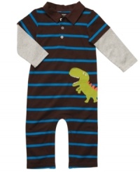Back in time. Somethings never go out of style, like dinosaurs and this adorable striped coverall from Carters.