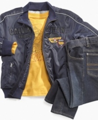 Get your little boy into high gear and he'll rev with this 3 piece set from Calvin Klein. It includes a long sleeve t-shirt and an auto racing team jacket to top it off. Plus a pair of everyday jeans is included in this set. Get your little boy into high gear and he'll rev with this 3 piece set from Calvin Klein. It includes a long sleeve t-shirt and an auto racing team jacket to top it off. Plus a pair of everyday jeans is included in this set.