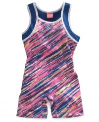 An energetic print to keep her motivated. Future Star's vibrant leotard design will help her reach athletic gold. An energetic print to keep her motivated. Future Star's vibrant leotard design will help her reach athletic gold.