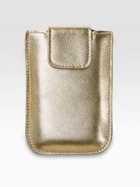 This trim, sleek, hand-crafted case in metallic leather is specially designed to accomodate a variety of smart phones, including BlackBerry. Secured by a snap tab, and lined in chamois cloth.Fits most smart phone and BlackBerry modelsLeather3¾W X 5¼HMade in USA This trim, sleek, hand-crafted case in metallic leather is specially designed to accomodate a variety of smart phones, including BlackBerry. Secured by a snap tab, and lined in chamois cloth.Fits most smart phone and BlackBerry modelsLeather3¾W X 5¼HMade in USA