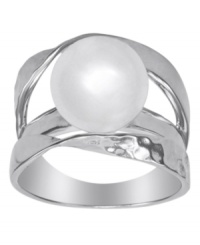 From the island of Mallorca, Spain, the gorgeous ribbon ring features a white round organic man made pearl (12 mm) set in sterling silver. Size 8.