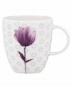 Blur the line between garden style and modern design with the Watercolors Amethyst teacup. Purple blossoms flourish against a playful dot pattern while the white coupe shape couples the sleek look and unparalleled durability of bone china. (Clearance)