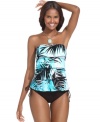 Treat yourself to a tropical getaway with this palm-printed Caribbean Joe tankini top -- ruffled tiers create a feminine, flattering look!