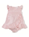 A flurry of ruffles adorns this girlie empire-waist knit dress that comes with a matching panty.