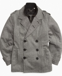 No more bulk. A modern style will streamline his look, in this layered peacoat from DKNY. No more bulk. A modern style will streamline his look, in this layered peacoat from DKNY.