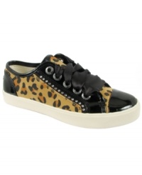 Fierce feet. A cheetah print on these Guess Louvre sneakers gives her feet a wild style. Fierce feet. A cheetah print on these Guess Louvre sneakers gives her feet a wild style.