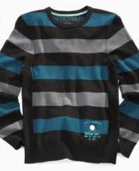 Add this refreshing horizontal stripe shirt by Guess to his wardrobe. It will keep him warm during the chilly season while complementing his unique style. Add this refreshing horizontal stripe shirt by Guess to his wardrobe. It will keep him warm during the chilly season while complementing his unique style.
