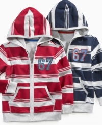 Lucky stripes for the little guy: Greendog's zip-up hoodie jacket with kangaroo pockes and 67 patch on left chest. Lucky stripes for the little guy: Greendog's zip-up hoodie jacket with kangaroo pockes and 67 patch on left chest.