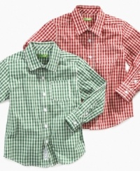 Check it out! This Greendog shirt has a soft woven structure and a classic plaid print. Check it out! This Greendog shirt has a soft woven structure and a classic plaid print.