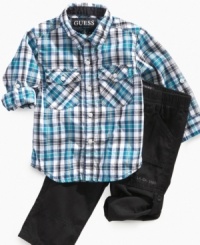He'll be stylishly casual in this woven plaid shirt and pant set from GUESS?. He'll be stylishly casual in this woven plaid shirt and pant set from GUESS?.