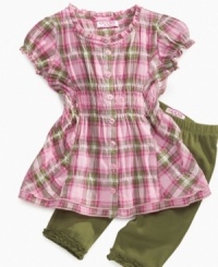 Comfort and style in a cinch! Keep getting her precious and prepped for the day easy with this plaid shirt and legging set from Guess. Comfort and style in a cinch! Keep getting her precious and prepped for the day easy with this plaid shirt and legging set from Guess.