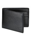 Pebbled leather billfold with two sections and three credit card slots. Logo stamped on front.