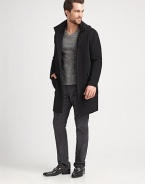 A stylish jacket made from an impeccable combination of wool and cashmere.Attached hoodConcealed zipper frontPatch pocketsAbout 37 from shoulder to hem90% wool/10% cashmereDry cleanImported
