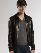 Sleek and modern bomber style in Italian leather with signature web detail at the collar, cuffs and hem.Zip frontStand collarSide slash pocketsRibbed knit cuffs and hemAbout 25 from shoulder to hemLeatherDry cleanMade in Italy