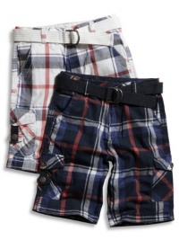 GUESS Kids Boys Little Boy Plaid Cargo Shorts with Belt, WHITE (3T) GUESS Kids Boys Little Boy Plaid Cargo Shorts with Belt, WHITE (3T)