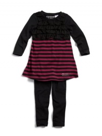GUESS Kids Girls Little Girl Striped Dress With Ruffles, DARK PINK (5/6) GUESS Kids Girls Little Girl Striped Dress With Ruffles, DARK PINK (5/6)