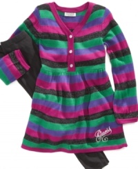 Sparkle and shine with this adorable striped dress and legging set from Guess. Sparkle and shine with this adorable striped dress and legging set from Guess.