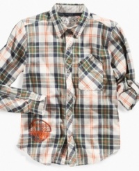 Throw this plaid Guess shirt on with a crisp set of denim to give his look a fresh angle for fall. Throw this plaid Guess shirt on with a crisp set of denim to give his look a fresh angle for fall.