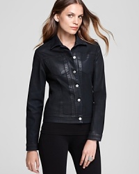 Sleek, black and fully loaded, this Miraclebody by Miraclesuit jacket flaunts racy coated denim punctuated by sleek, silver-tone hardware. Team with leather leggings and send your style into overdrive.