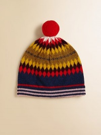 Featuring a colorful, geometric intarsia design in toasty lambs wool with a pom-pom.Pull-on styleWoolDry cleanImported Featuring a colorful, geometric intarsia design in toasty lambs wool with a pom-pom.Pull-on styleWoolDry cleanImported