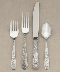 Elegant Kirk Stieff flatware is designed with the unsurpassed standards of excellence that have made it an American tradition. The Repousse place settings collection is a grandly flourishing style, ornately sculpted in dazzling sterling silver. Elegant Kirk Stieff flatware is designed with the unsurpassed standards of excellence that have made it an American tradition. The Repousse place settings collection is a grandly flourishing style, ornately sculpted in dazzling sterling silver.