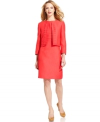 Kasper's tweed suit is super chic with its cropped jacket and fitted sheath dress. A front placket with folded pleats lends a ruffle-like effect for a feminine finishing touch. Kasper's tweed suit is super chic with its cropped jacket and fitted sheath dress. A front placket with folded pleats lends a ruffle-like effect for a feminine finishing touch.