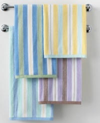 Martha Stewart Collection brings bright and colorful hues to your bathroom with this Plush Stripe hand towel, featuring multi-colored stripe patterns in pure cotton softness for exceptional comfort. Martha Stewart Collection brings bright and colorful hues to your bathroom with this Plush Stripe hand towel, featuring multi-colored stripe patterns in pure cotton softness for exceptional comfort.