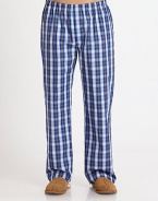 A stylish woven cotton pant for lounging or bedtime in a bold check pattern.Elastic waistCovered placket button-flySide slash pocketsInseam, about 32CottonMachine washImported