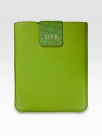 Stylish protection for your iPad or iPad 2, handcrafted in sleek leather with chamois lining to securely hold the unit in place. Chamois liningLeather8½ X 10Handmade in USAFOR PERSONALIZATION Select a quantity, then scroll down and click on PERSONALIZE & ADD TO BAG to choose and preview your personalization options. Please allow 2 to 3 weeks for delivery. Stylish protection for your iPad or iPad 2, handcrafted in sleek leather with chamois lining to securely hold the unit in place. Chamois liningLeather8½ X 10Handmade in USAFOR PERSONALIZATION Select a quantity, then scroll down and click on PERSONALIZE & ADD TO BAG to choose and preview your personalization options. Please allow 2 to 3 weeks for delivery.