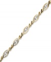 Up your glam factor. YellOra™'s trendy twisted bracelet showcases round-cut diamonds front and center (1/3 ct. t.w.). Precious metal made from a combination of pure gold, sterling silver and palladium. Approximate length: 7-1/2 inches.