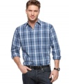 Step out in plaid style with confidence when you're wearing this button-front shirt from Club Room. (Clearance)