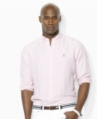 Cut for a relaxed, classic fit, a sophisticated long-sleeved shirt is crafted in soft woven cotton with a preppy, multi-hued striped pattern for timeless appeal. (Clearance) Cut for a relaxed, classic fit, a sophisticated long-sleeved shirt is crafted in soft woven cotton with a preppy, multi-hued striped pattern for timeless appeal. (Clearance)