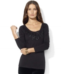 Glistening beading along the neckline adds feminine flourish to Lauren Jeans Co.'s soft cotton top. Glistening beading along the neckline adds feminine flourish to Lauren Jeans Co.'s soft cotton top.