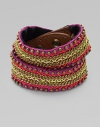 Golden beads and chains are stitched with neon-bright cord onto a pink leather, double-wrap cuff in this edgy, urban design.LeatherGoldtoneCotton backingLength, about 15¾Width, about 2¾Stud snap closureImported