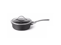 With a unique hard anodized shape, this lidded Calphalon sauce pan is the perfect for everyday shape. The durable nonstick interior is perfect for healthy cooking with little to no fat. With a unique hard anodized shape, this lidded Calphalon sauce pan is the perfect for everyday shape. The durable nonstick interior is perfect for healthy cooking with little to no fat.