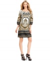 ECI decks this shift dress out with brilliant beading and an eye-catching print.