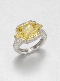 From the Estate Collection. Beautifully faceted canary crystal stone set in intricately designed, sterling silver accented with 18k gold and dazzling white sapphires. Canary crystalSterling silver18k goldWhite sapphiresWidth, about .6Imported