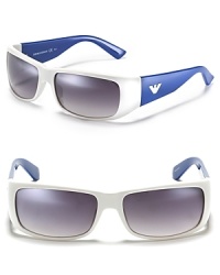 Stay effortlessly cool in two tone rectangular wrap sunglasses from Emporio Armani. Stay effortlessly cool in two tone rectangular wrap sunglasses from Emporio Armani.