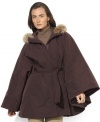 Functional yet stylish, Lauren Ralph Lauren's chic microfiber poncho is crafted with faux-fur trim at the hood and a belt at the waist for a modern look.