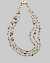 Three delicate strands of 18k gold offer a rainbow of gold beads and faceted semi-precious gemstones.May include tourmaline, quartz, peridot, rhodolite, garnet, iolite, tanzanite, aquamarine, apatite, topaz, citrine and amethyst. 18k yellow gold Length, about 16½ Lobster clasp Made in ItalyPlease note: Stones may vary. 