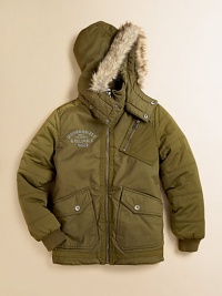 Warm, rugged and super-cool, this cargo-style coat sports a removable hood with faux-fur trim.Detachable hood with snap closureStand collarZip frontLong sleeves with ribbed cuffsZip chest pocketFlap side pocketsCotton; polyesterMachine washImported Warm, rugged and super-cool, this cargo-style coat sports a removable hood with faux-fur trim.Detachable hood with snap closureStand collarZip frontLong sleeves with ribbed cuffsZip chest pocketFlap side pocketsCotton; polyesterMachine washImported