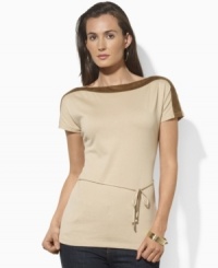 Imbued with rustic elegance, Lauren by Ralph Lauren's soft cotton jersey tunic is styled with supple faux-suede trim and a beaded self-tie belt at the waist Imbued with rustic elegance, Lauren by Ralph Lauren's soft cotton jersey tunic is styled with supple faux-suede trim and a beaded self-tie belt at the waist