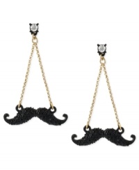 Get a handlebar on things with this set of chandelier earrings from Betsey Johnson. Crafted from gold-tone mixed metal and black glass crystal accents, this whimsical set will make you feel like the hair apparent. Approximate drop: 2-1/10 inches. Get a handlebar on things with this set of chandelier earrings from Betsey Johnson. Crafted from gold-tone mixed metal and black glass crystal accents, this whimsical set will make you feel like the hair apparent. Approximate drop: 2-1/10 inches.