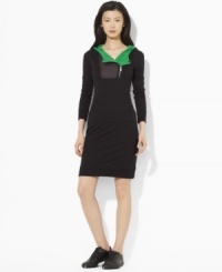 Lauren by Ralph Lauren's chic sweatshirt dress is finished with bold mesh trim and an attached hood for comfortable, athletic style. (Clearance) Lauren by Ralph Lauren's chic sweatshirt dress is finished with bold mesh trim and an attached hood for comfortable, athletic style. (Clearance)